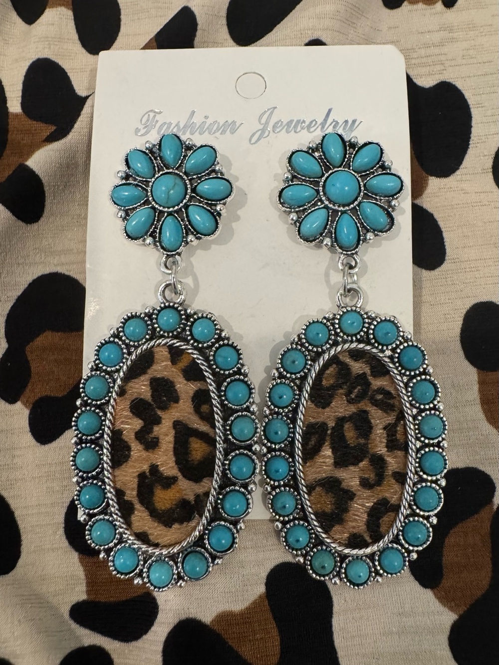 Fashion Jewelry Turquoise and Leopard Oval Drop Earrings